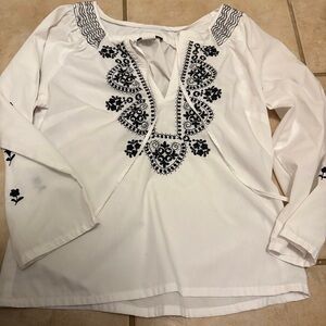 Anthropologie White Blouse with Black Embroidery